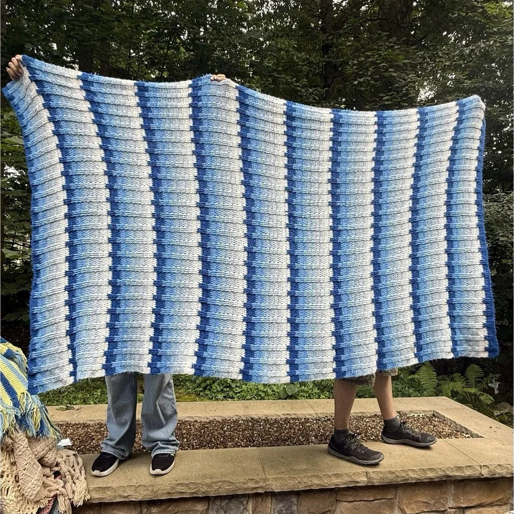 Handmade Crochet Afghan 90x53 Blue White Textured Striped Large Blanket Throw